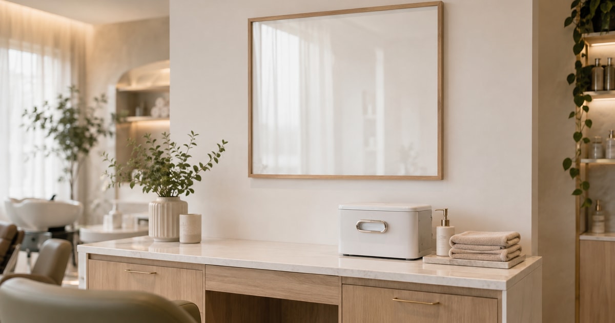 Een lege lijst met glas aan een lichte muur boven een opgeruimde werkplek met een witte sterilisatiebox, een zeepdispenser, opgevouwen handdoeken en een plant in een geribbelde vaas.