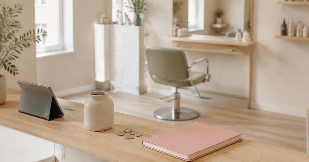 Een compacte eenstoelssalon met een omgedraaide tablet, spaarpot, muntjes en gesloten afsprakenboek.