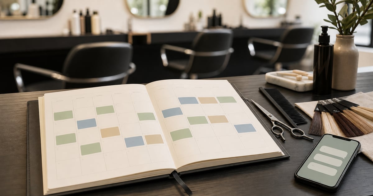 Agenda van een kapsalon met terugkerende afspraken gemarkeerd, paper-toned