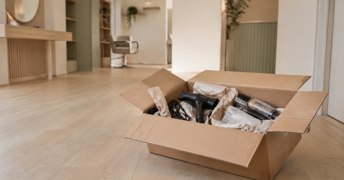 Een open kartonnen doos op de houten vloer van een lege salon met een haardroger, ronde borstels en in pakpapier gewikkelde spullen erin, en een kappersstoel onscherp op de achtergrond.