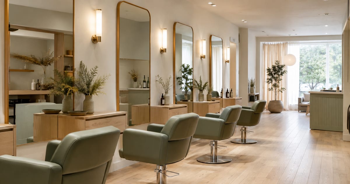 Een ingerichte kapsalon vlak voor openingstijd, met vier saliegroene stoelen op een rij voor hoge spiegels, brandende wandlampen, eiken kasten met planten en een groot raam aan het eind van de ruimte.