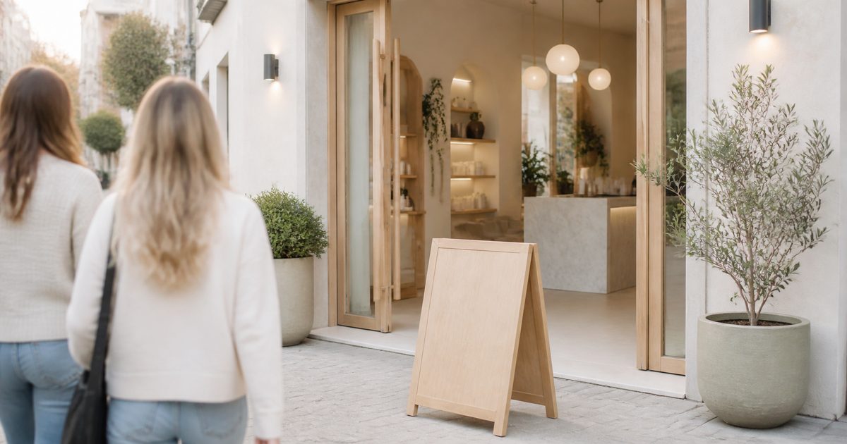 Twee potentiële klanten lopen langs een blanco houten stoepbord naar een open salonentree.