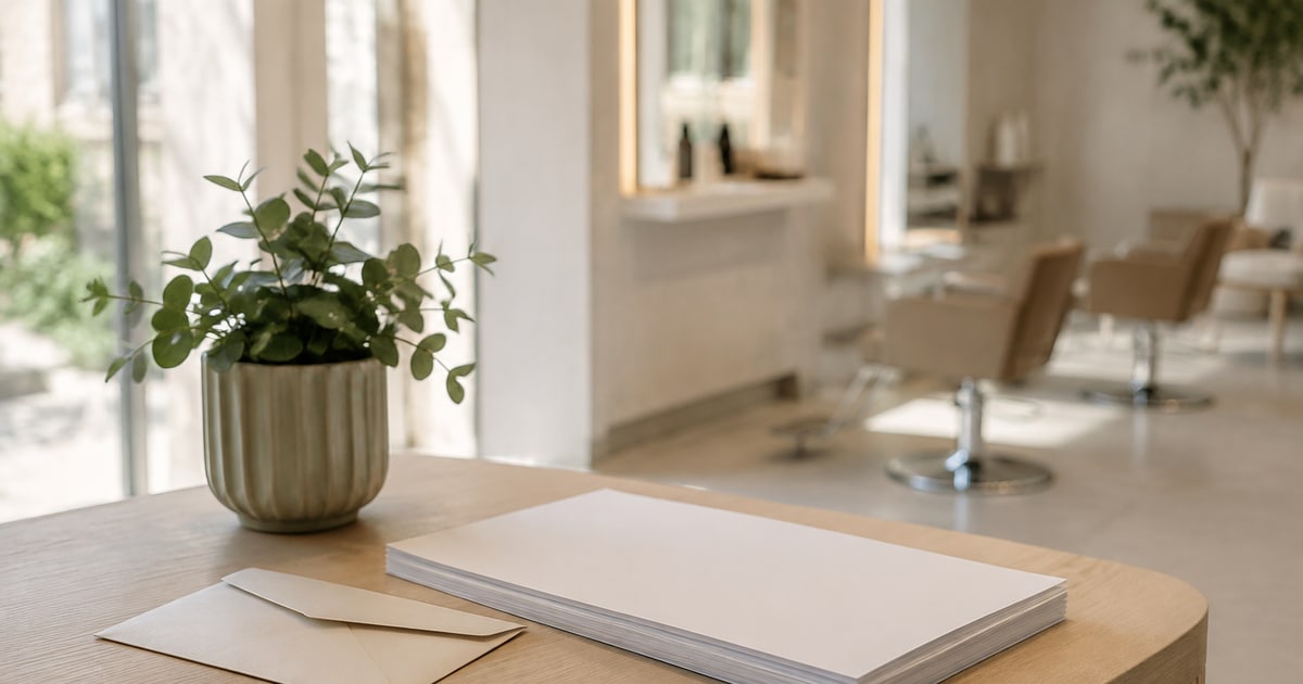 Een bureauhoek in een salon met een stapel blanco documenten, een dichte envelop en een plantje, met de kappersstoelen onscherp op de achtergrond.