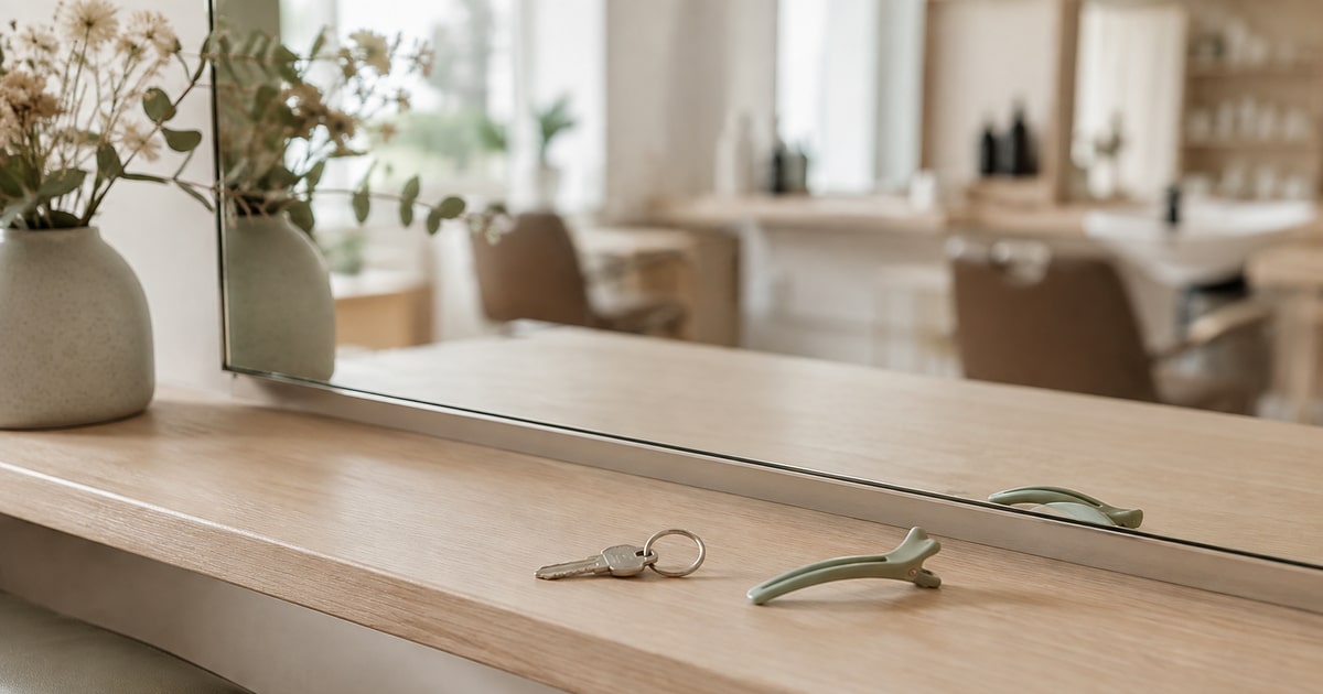Een leeggehaalde eiken werkplank voor een salonspiegel, met alleen een sleutel aan een ring en een saliegroene haarklem erop, en daarachter onscherp de stoelen en wasbakken van de salon.