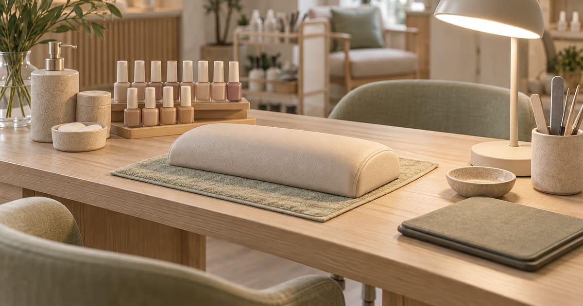 Een werktafel van een nagelstylist met een brandende lamp, een rij nagellakflesjes in nude tinten, een handsteun en een gesloten tablethoes.