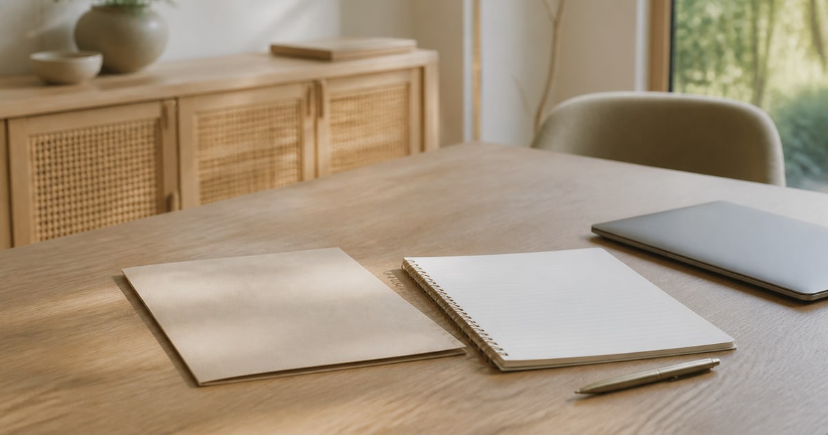 Een houten tafel met een blanco papieren map, een notitieboek met ringband, een pen en een dichtgeklapte laptop opzij.