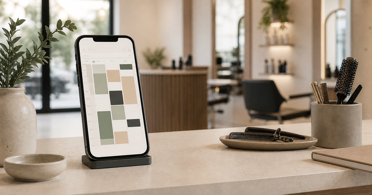 Smartphone met een online boekingspagina van een kapsalon, paper-toned achtergrond