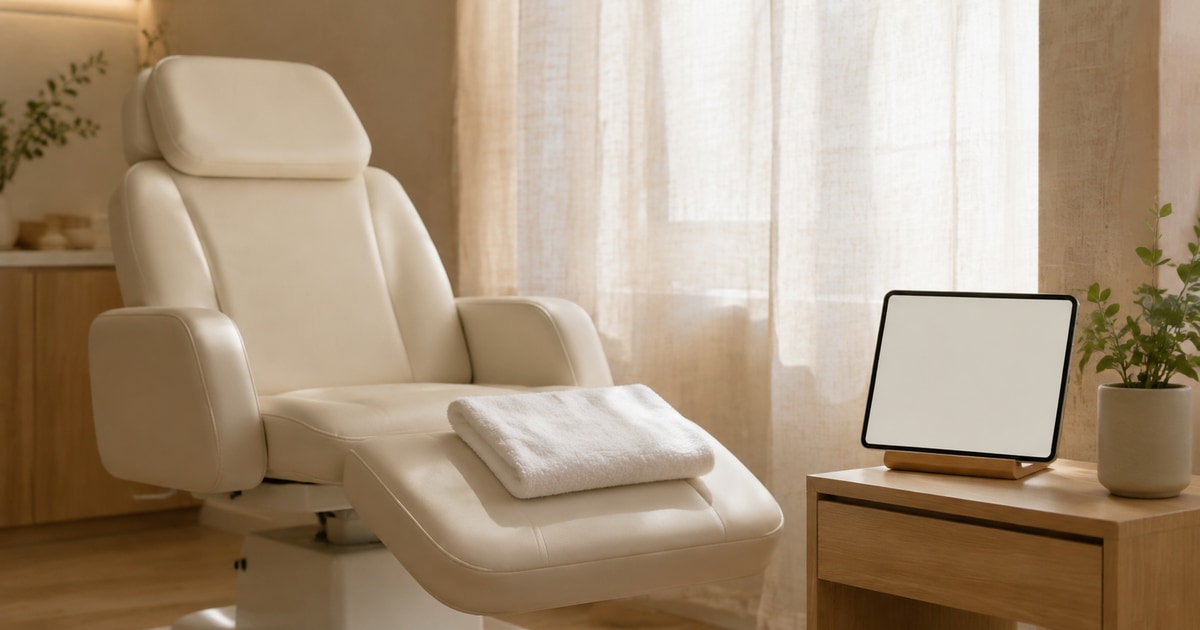 Een cremekleurige pedicurestoel met een opgevouwen handdoek op de voetsteun, naast een houten tafeltje met een tablet met leeg scherm en een plantje.