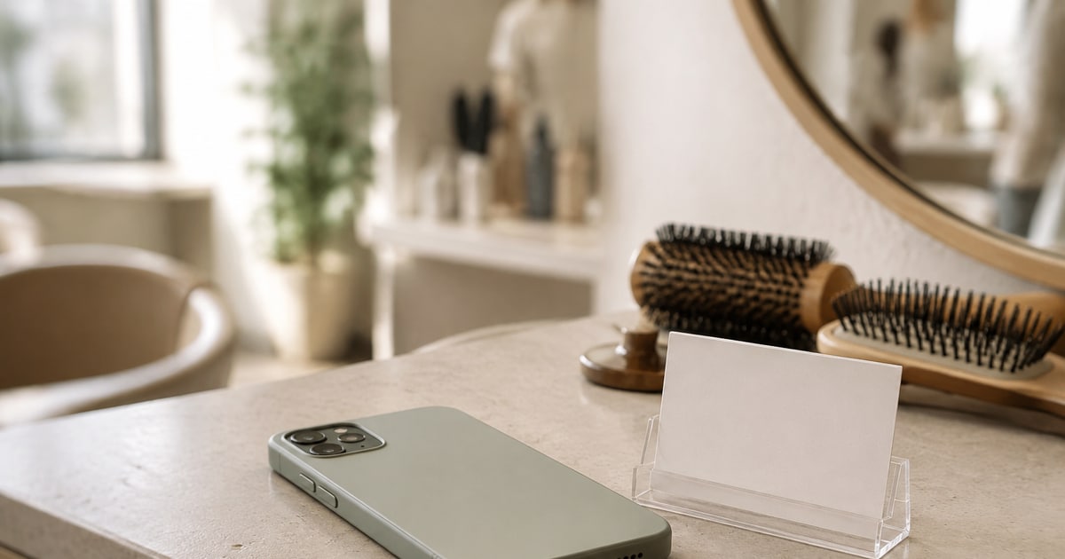 Een telefoon die met het scherm naar beneden op een salonbalie ligt, naast een blanco kaarthouder en twee ronde borstels.