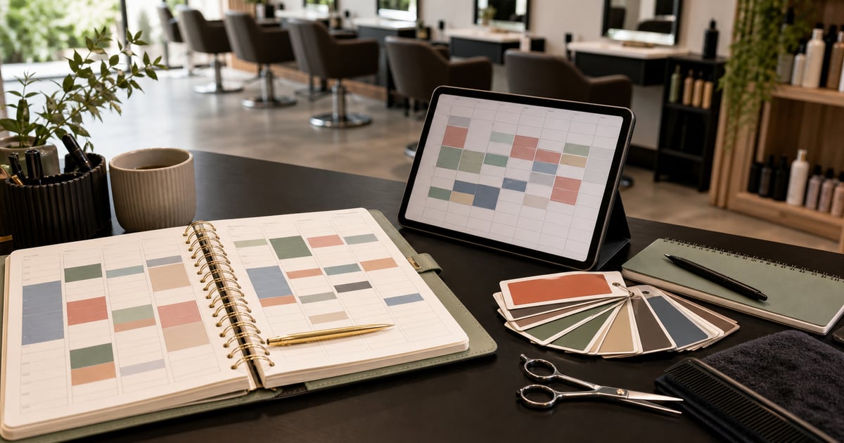 Werkrooster en agenda voor een kapsalonteam, paper-toned tafelblad