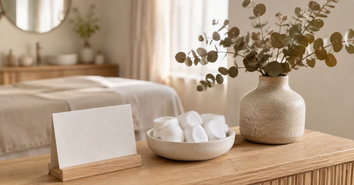 Een eikenhouten balie in een schoonheidssalon met een blanco kaartje in een houder, een schaaltje wattenschijfjes en een vaas met eucalyptus, met de behandelbank onscherp erachter.