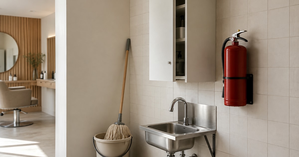 Een betegelde achterruimte van een salon met een rode brandblusser aan een wandbeugel, een openstaande witte wandkast met flessen, een roestvrijstalen wasbak en een mop in een emmer, met door de deuropening de salon.