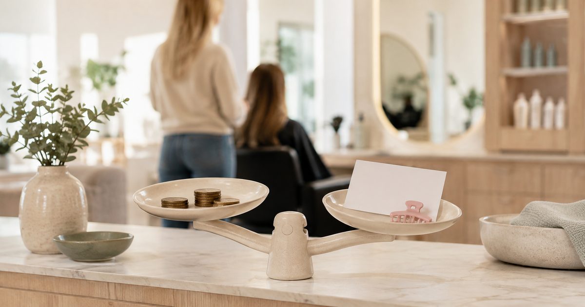 Een keramische balans met muntjes tegenover een blanco afspraakkaart en haarclip in een werkende salon.