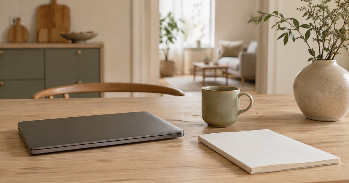 Een eiken keukentafel in ochtendlicht met een dichtgeklapte laptop, een saliegroene mok, een blanco notitieboek en een stenen vaas met takken, met een keukenkast en de woonkamer onscherp erachter.