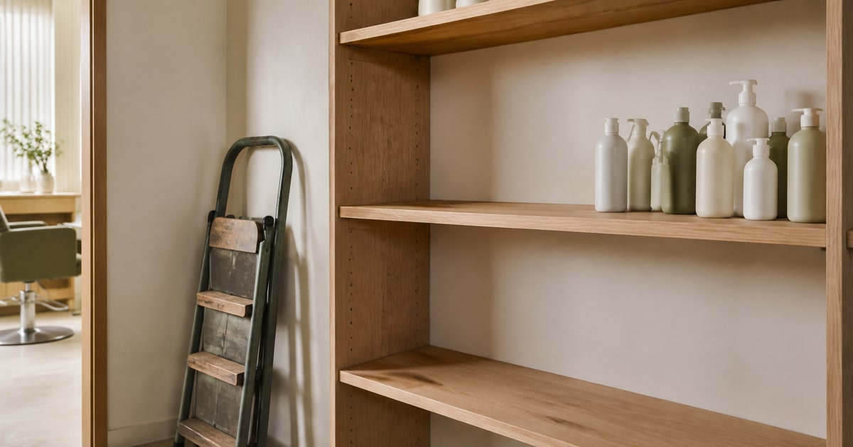 Een voorraadruimte met grotendeels lege eiken schappen en een groepje flessen opzij geschoven, een ingeklapt trapje tegen de muur en door de deuropening een salonstoel bij het raam.