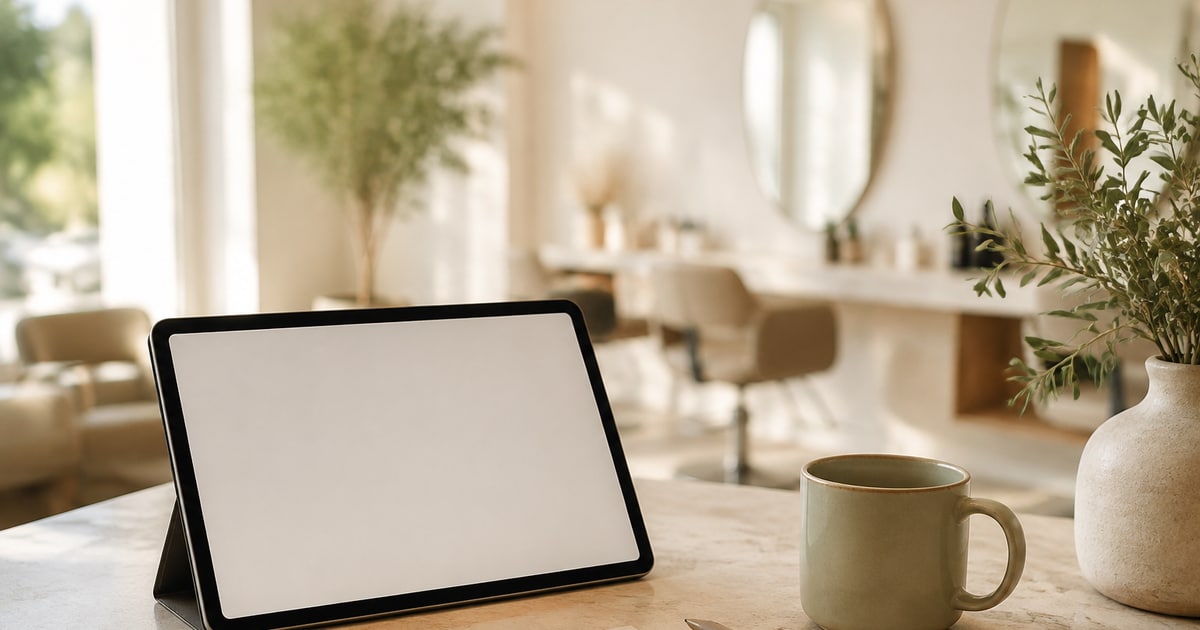 Een tablet met een leeg scherm op een standaard op de salonbalie, naast een mok en een vaas met takken in ochtendlicht.