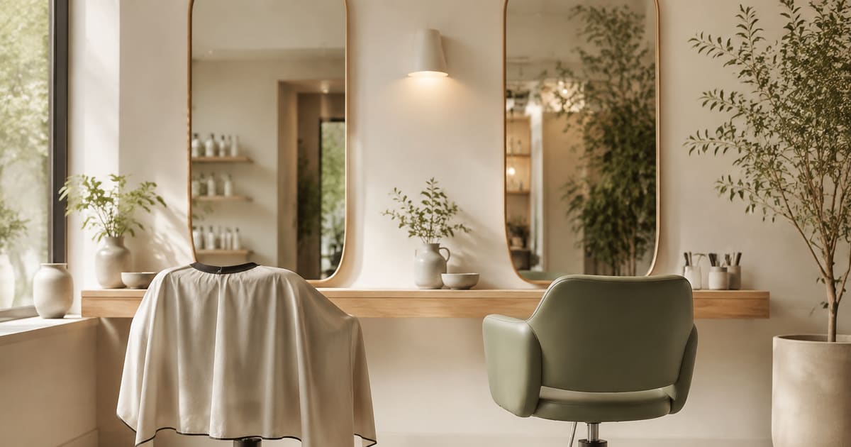 Twee werkplekken naast elkaar in dezelfde salon, links een stoel met een cape eroverheen en rechts een lege saliegroene stoel voor de spiegels.