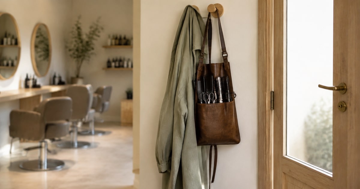 Een saliegroene jas en een leren gereedschapstas met kammen, scharen en ronde borstels aan houten haken naast een salondeur, met de kappersstoelen onscherp op de achtergrond.
