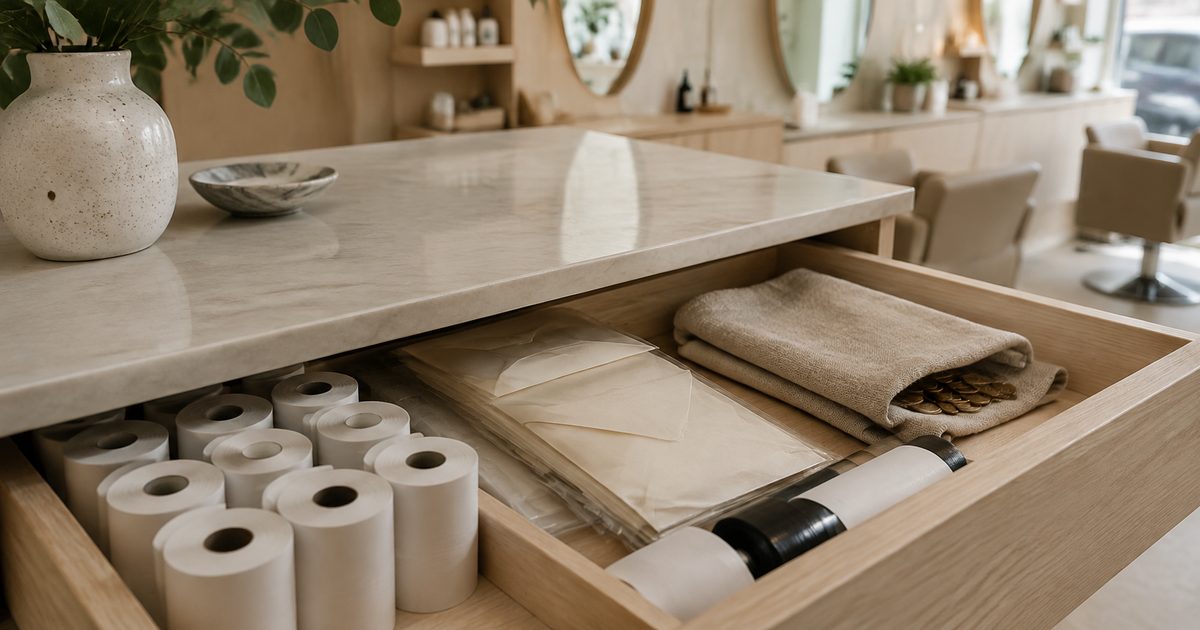 Een open salonlade met extra papierrollen, blanco enveloppen en verborgen muntjes onder een doek.