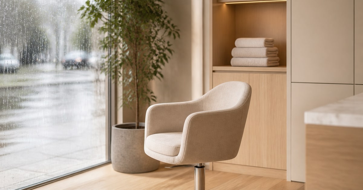 Een lege kappersstoel bij een groot raam met regendruppels, met opgevouwen handdoeken in een houten nis en een plant in de hoek.