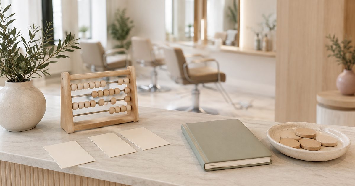 Een salonbalie met houten telraam, blanco prijskaartjes, afsprakenboek en onbedrukte houten tokens in zacht daglicht.