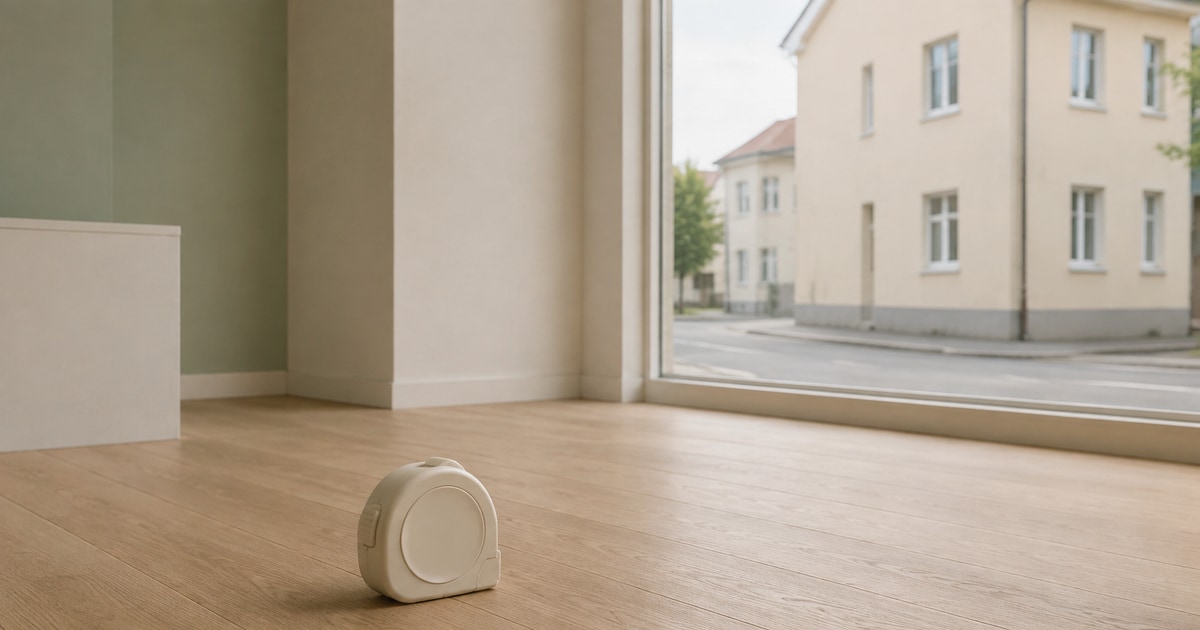 An empty retail unit with a bare oak floor and a tape measure lying on the ground, the large window looking out on a quiet street corner with plain housefronts.