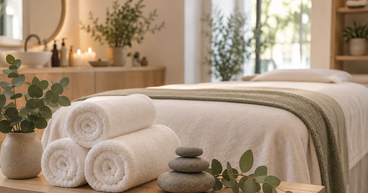 Rolled white towels, a stack of smooth grey stones and a sprig of eucalyptus in front of a made treatment bed in a spa.