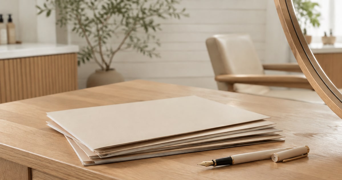 A stack of blank cream folders on a light oak table with a gold nibbed fountain pen beside them, and a plant, an armchair and the wooden rim of a salon mirror out of focus behind.