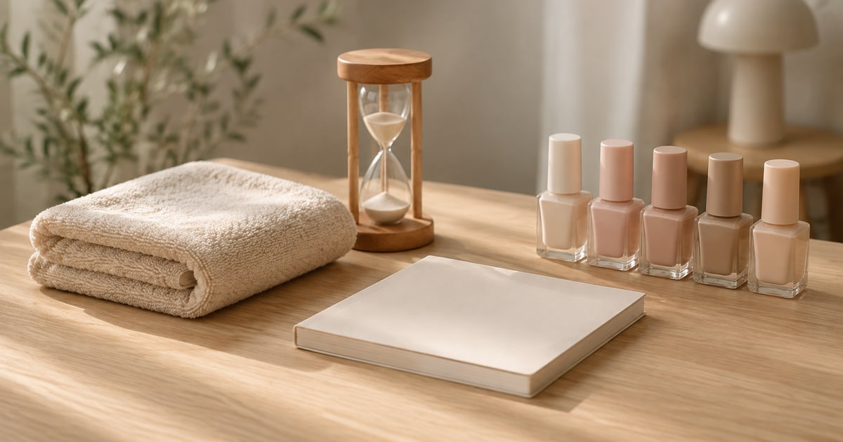 A wooden nail studio work table with a folded towel, an hourglass, a blank notebook and a row of nail polish bottles in nude shades.