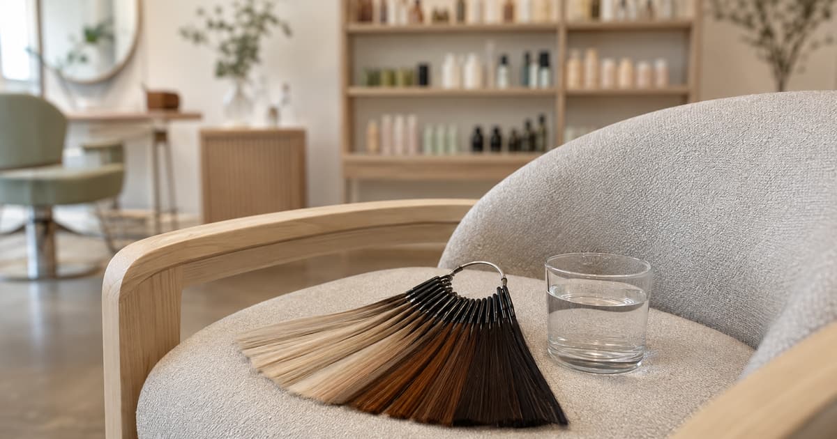 A fanned out ring of hair colour swatches in blonde and brown tones on the boucle seat of a low chair beside a glass of water, with shelves of product bottles blurred behind.