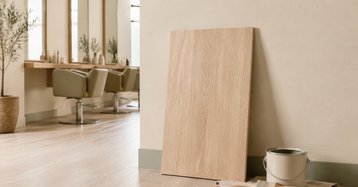A blank wooden board leaning against a freshly painted wall, an open paint tin on a dust sheet beside it, and a salon with sage green chairs and mirrors blurred on the left.