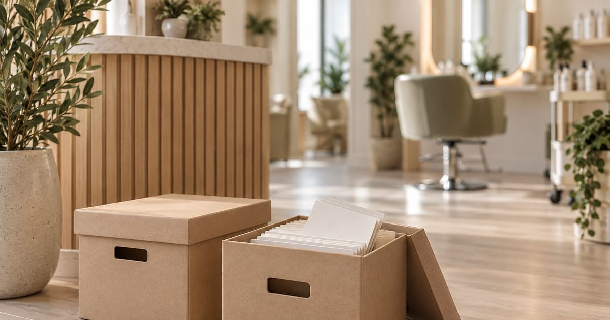 Two cardboard archive boxes on a wooden floor by a salon reception desk, one open with blank cards, a styling chair blurred in the background.